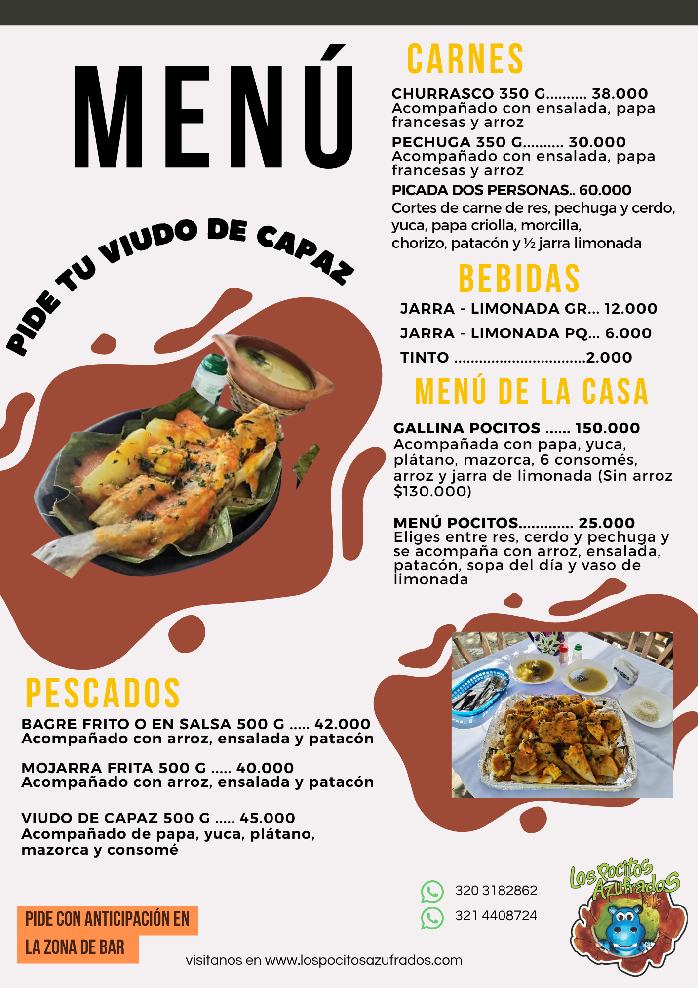 Carta de carnes, menu de la casa y pescados